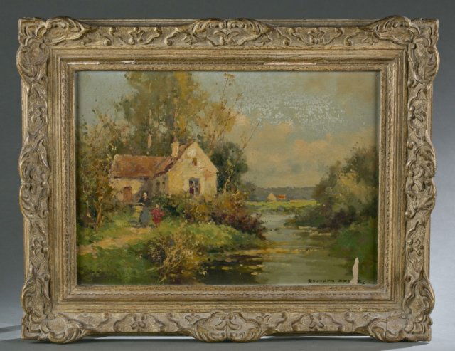 Edouard Leon Cortes, Moulin (Mill), o/c.: Cortes, Edouard Leon (France, 1882-1969) Moulin (Mill). Oil on canvas. A provincial mill scene with mother and child walking down the lane. Signed l.l. Edouard Cortes. 13 1/8 x 18 1/4" Frame: 18 5/8"