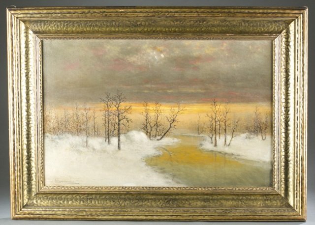 John Olson Hammerstad, "Saranac Lake", o/c.: Hammerstad, John Olson (Norway / United States, 1842-1925). "Saranac Lake." Late 19th / early 20th century. Signed l.l. 18 1/8" x 28 1/8". Gilt wood frame: 25 1/2" x 35 1/2". Condition: Paint chipped 