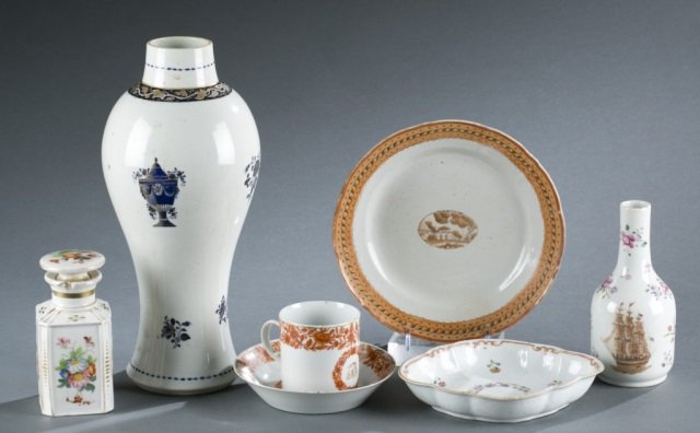 Group of 6 export porcelain pieces.: A group of six export porcelain pieces. Including a perfume bottle (5"h x 2 1/2"w), a tall vase (11 1/4"h x 5 1/4"w), a cup and saucer (2 3/4"h x 3 1/2"w, 5 1/4"dia), a medium dish (7 1/2"dia), a diam