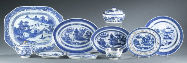 Group of 11 Chinese export Nanking wares.: A group of eleven Chinese export Nanking wares. Late 18/early 19th century. Including a large serving platter (14"l x 11"w), a large oval dish (11 3/4"l x 8 1/2"w), a medium oval dish (10 1/4"l x 7 1/