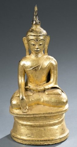 Burmese Shan gilt bronze seated Buddha statue.: A Burmese Shan gilt bronze seated Buddha statue. Bronze and stone, with black and gilt lacquer. Seated Buddha on throne, in the gesture of Bhumisparsha mudra. 22"h x 9 1/2"w x 6 1/2"d.