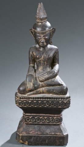 Southeast Asian gilt wood Buddha figure.: A Southeast Asian gilt wood shan Buddha figure. Lacquered and gilded wood. Seated Buddha on throne, in the gesture of Bhumisparsha mudra. 25 3/4"h x 10"w x 7 1/2"d. Condition: Cracked on the side.