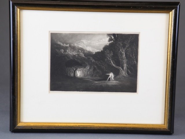 John Martin, Approach of the Archangel. 1824.: Martin, John (Britain, 1789-1854). Paradise: Approach of the Archangel, published in the second set of Paradise Lost. 1824. Mezzotint. Framed. Approx., Image: 14.3 x 21.2 cm.