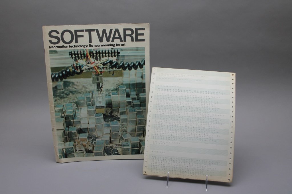1970 SOFTWARE Information Tech. Exhibition Catalog: [SOFTWARE Exhibition Catalog] Title: SOFTWARE: Information technology: its new meaning in art. Sold with Museum of Contemporary Art computer paper printout of Dan Flavin exhibition "Pink and Gold." ++
