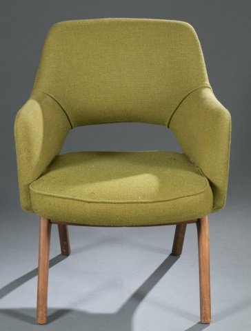 Mid-Century Modern fabric armchair.: A Mid-Century Modern fabric armchair. 2nd-half of 20th century. Likely Scandinavian. Green fabric upholstered seat and back with wood frame. 27"h x 27 1/4"w x 27"d.