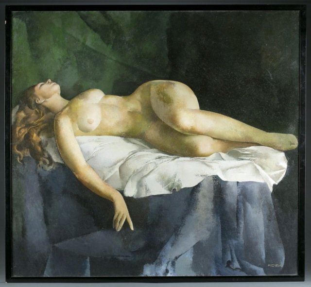 Karlis Dobrajs, "Gulosa," o/c, 1984.: Dobrahs, Karlis (Latvia, 1943-). "Gulsa." 1984. Oil on canvas. Reclining nude. Initialed and dated l.r. 36 1/4" x 39 1/2". Frame: 37 3/4" x 41."