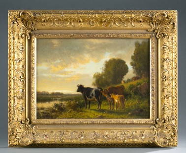 William M Hart, Sunset with Cattle. 1888.: Hart, William McDougal (Scotland / United States, 1823-1894). 1888. Oil on canvas. Pastoral landscape with cows. Signed and dated l.r. 10 1/4 x 14 1/4. Gilt frame: 16 1/2" x 20 1/2".With his brother,