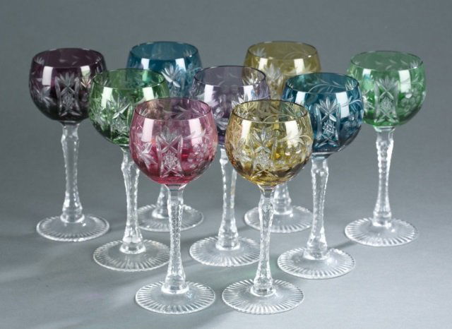 9 Color to clear cut Bohemian glass goblets. (1 of 3)