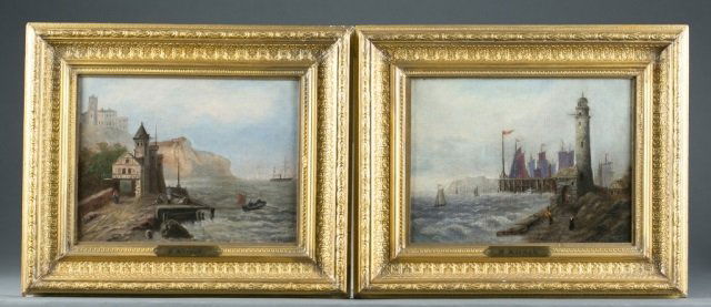Pair of European port scenes by S. Klinck, o/c.: Klinck, S. (Unknown). Late 18th / early 19th century. Oil on canvas. Signed in black l.r. ++ European port scene with lighthouse / guard tower and dock with boat sails in the distance. 9 1/8" x 12 1/8