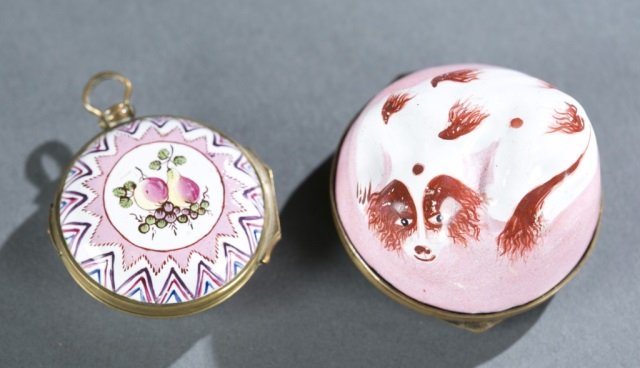 Bilston enamel bonbonniere & enamel toy watch box.: A Bilston enamel bonbonniere and enamel toy watch box. ++ Red spaniel dog on pink cushion box with floral motif on bottom. c.1770s. 1"h x 1 3/4"w x 2"d. ++ Toy enamel watch box with faux watch on one 