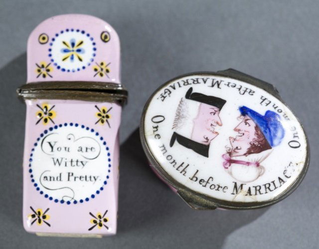 Humorous enamel box and a floral scent flask. (1 of 3)