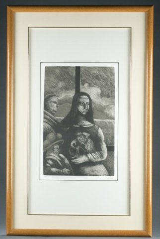 Signed etching of a woman holding a monkey. (1 of 6)