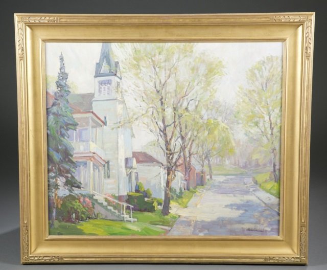 Michael Graves, New England street scene. o/c.: Graves, Michael (Massachusetts, 1952 - ) New England Street Scene. Late 20th century. New England street scene with church. Signed l.r. 31” x 37”. Gilt frame: 38” by 44”