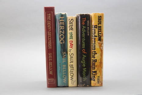 5 First Editions: Saul Bellow.: Bellow, Saul. 5 First Editions. 8vo. Hardcover, 4 in dj, 1 in slipcase. ++ THE ADVENTURES OF AUGIE MARCH. Viking Press, 1953. 1st edition of Bellow’s 3rd book. Base of c-page: “Printed in the