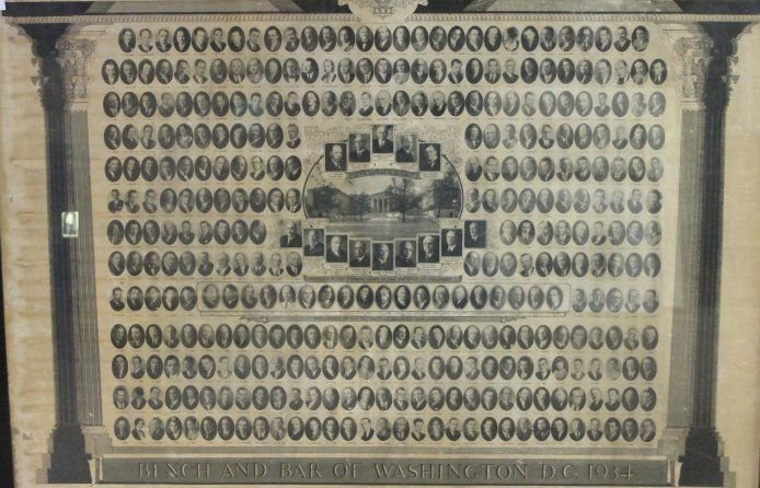 Bench And Bar Of Washington D.C. 1934.: [Washington, D.C.] Bench And Bar Of Washington D.C. 1934. Consists of over 200 small portraits of prominent lawyers in the District. Includes a few women. At center are the Justices of the Supreme Cou