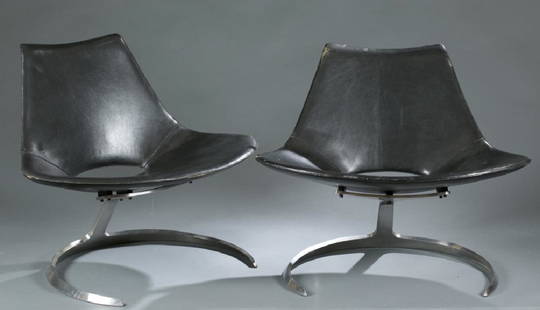 5 Fabricius and Kastholm Scimitar chairs.: A set of five Fabricius and Kastholm Scimitar chairs. Designed by Preben Fabricius and Jorgen Kastholm. Produced by Ivan Schlechter, Copenhagen, c.1960s. Black leather with chrome frame. Manufacturer'