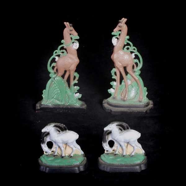 Cast Iron Doorstops, John Wright: Two Pair of American Painted Cast Iron Animal Form Doorstops, John Wright , USA a pair cast as giraffes with sprays of lilies of valley in Art Deco Style (model #4250 {10 inches height} a pair cast as
