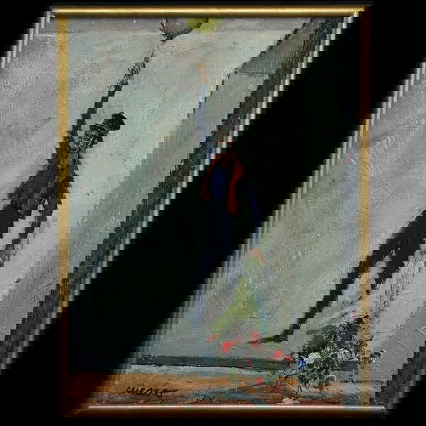 Pascal Cucaro, Clown with Flowers: Pascal Cucaro. American 20th Century. Clown. Oil on Masonite. 24 x 18 Inches. Signed l/l: Cucaro In good condition, a small surface abrasion u/r corner with a few minor areas of inpainting. Very light