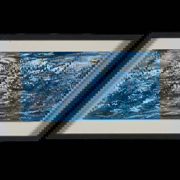 Pascal Cucaro Open Air Market in Blue American Art: Pascal Cucaro. American, 20th Century. Open Air Market in Blue. Oil on Canvasboard. {12 x 24 Inches.} Signed l/r: Cucaro. (In good condition, a few areas where varnish has yellowed and a few surface a