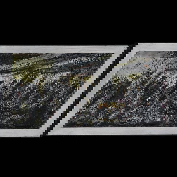 Pascal Cucaro Outside Busy Market American Art: Pascal Cucaro. American 20th Century. An Outside Busy Market. Oil on Canvasboard. {8 x 16 Inches.} Signed l/c: Cucaro (and various other locations). (In good condition.)