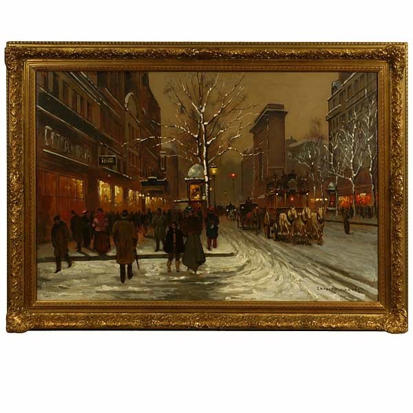 After Edouard Cortes, Paris Street Scene French A: After Edouard Cortes. French 1882 - 1969. Paris Winter Street Scene. Oil on Canvas. 24 x 36 Inches. Bears Signature: l/r: Edouard Cortes. In very good condition, slight surface soiling, an area of cra