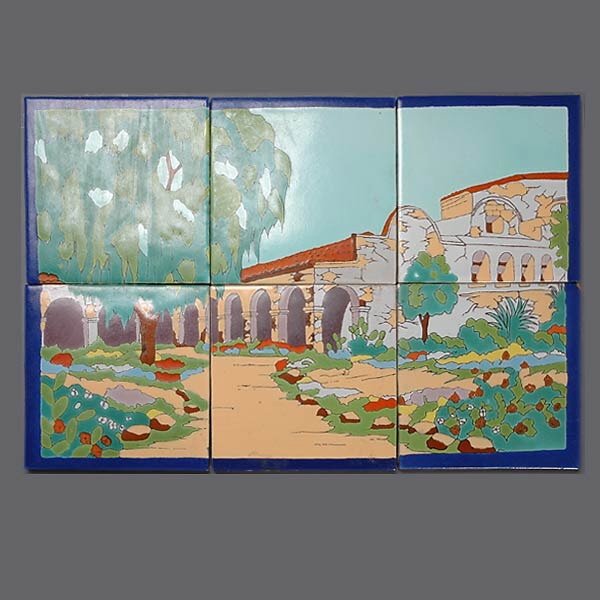 Pictorial Set of Six Taylor Tilery Faience Tiles: Pictorial Set of Six Taylor Tilery Faience TilesCirca 1950s The set depicting a mission complex with a colonaded wing and a giant euclayptus tree on the left, a landscaped garden with a meandering pat