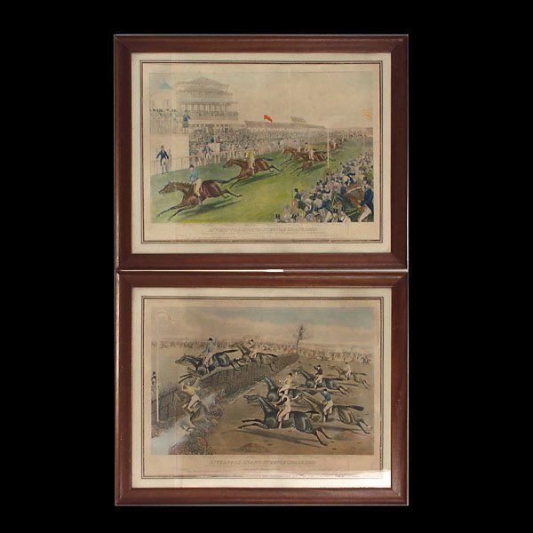 Charles Hunt, British Art Engravings Horses 19th C: Charles Hunt. British 1803-1877. (2) Liverpool Steeple Chase, 1839-plate 3-Brook 3rd, 2nd round and plate 4-Coming In. Engravings with hand coloring. 21-1/2 x 29 inches, each. Inscribed in the plate w