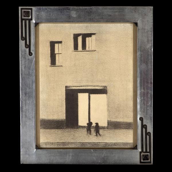 JOHN BUTTON PRINT EX ROBERT DUNCAN & JESS: John Button. American, 1929 - 1982 Untitled, Figures Outside a Building. Off-Set Lithograph 10 1/4 x 7 3/4 Inches Printed Signature l/r: John Button Attached Verso a Velum Bag: John Button, February 1