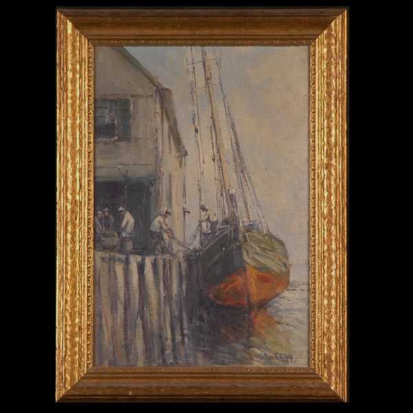 Arthur Diehl, Unloading the Catch, Zil: Arthur Vidal Diehl American 1870 - 1929. Unloading the Daily Catch. Zil on Board. 14 1/2 x 9 3/4 Inches (36.83 x 24.76 cm). Signed l/r: Arthur V. Diehl. In extremely good condition, slight surface soi