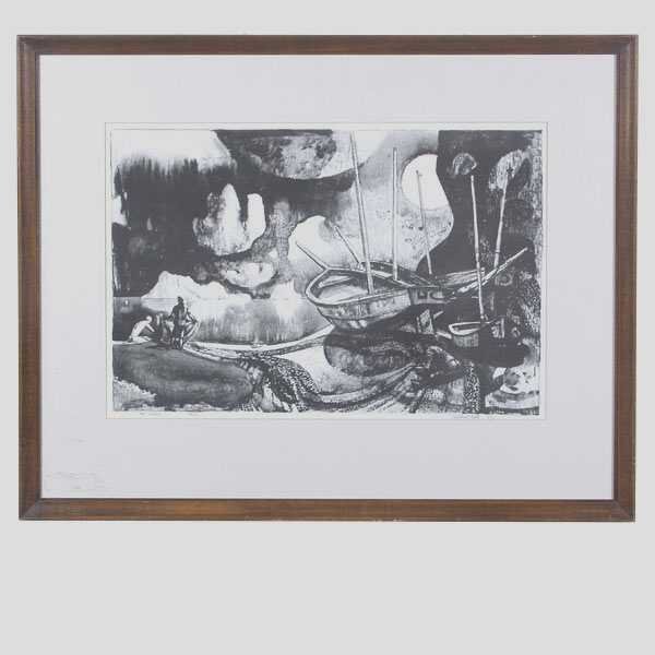 Millard Sheets, The Island, Lithograph.: Millard Zwen Sheets. Californian 1907 - 1979. The Island. Lithograph printed on wove paper. 13 3/4 x 20 1/2 Inches (Image). Signed and dated l/r: Millard Sheets 1972. Titled and numbered l/l: The Isla