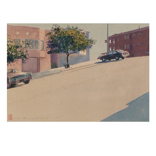 Robert Bechtle, SF Street Scene.: Robert Bechtle. Californian, 20th Century. Untitled San Francisco Street Scene. Lithograph printed on silk, mounted on paper. 10 3/4 x 16 Inches (Image); 27 x 26 Inches (sheet). Numbered, Signed, and