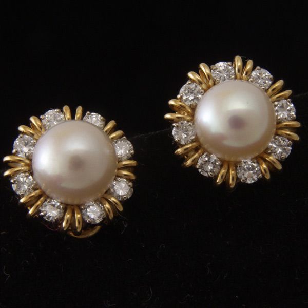 18K YG Tiffany Pearl & Diamond Earrings - 2