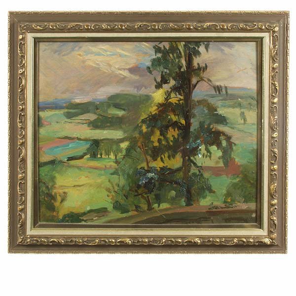 German School, Rural German Landscape.: German School. 20th Century. Rural German Landscape. Oil on Wood. 19 1/2 x 23 1/2 Inches. Unsigned, Artist / Sale Label Verso, Artist Possibly Linkeneyr. In good Condition, a few surface scratches.