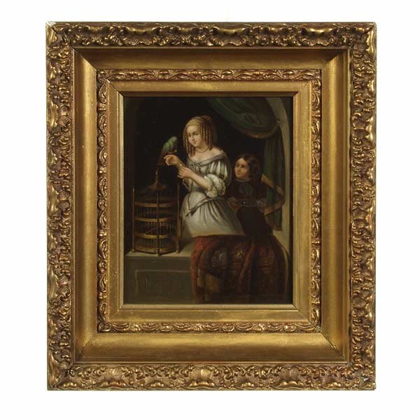 German School, 18th C. Children and Bir: German School. Early 18th Century. Children Feeding their Pet Bird. Oil on Copper. 10 x 8 3/4 Inches (25.4 x 22.22 cm). Bears initials l/l: M.D. In very good condition.