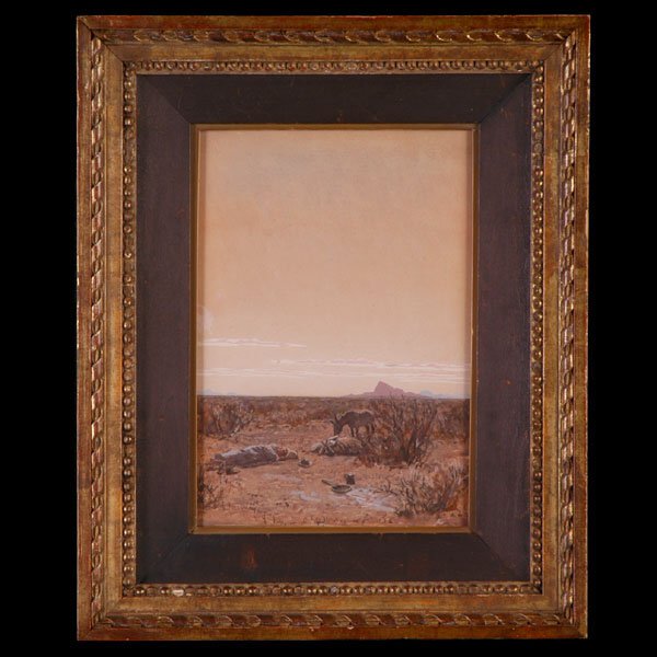 Maynard Dixon, Desert Campsite.: Maynard Lafayette Dixon American 1875 - 1946. Desert Campsite at Sunrise. Pencil, Watercolor and Gouache on Paper Board. 11 1/2 x 8 Inches (29.21 x 20.32 cm). Signed and Dedicated l/c: For Dumis, From