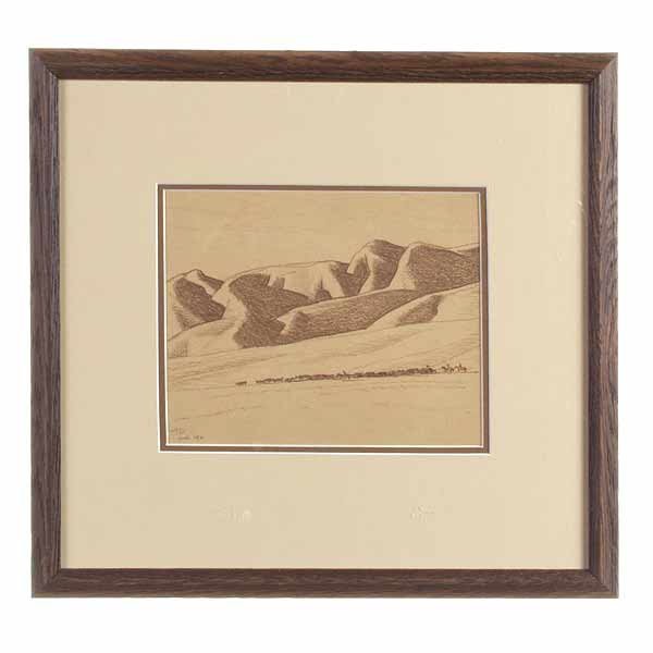 Maynard Dixon, Cattle Drive, Drawing.: Maynard Lafayette Dixon. American 1875 - 1946. Cattle Drive through the Desert. Colored Pencil on Paper. 6 1/4 x 7 3/4 Inches (15.87 x 19.68 cm). Signed with initials and dated l/l: MD Mch. 1941. In v