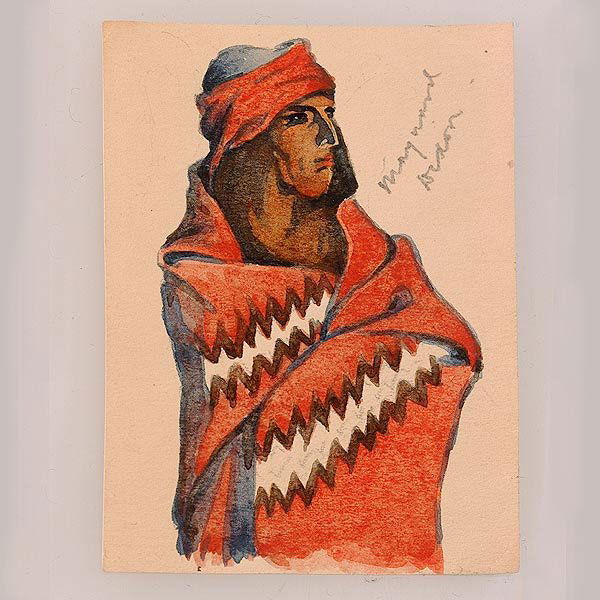 Maynard Dixon Watercolor, Indian Man.: Maynard Lafayette Dixon. American, 1875 - 1946. Native American Man wrapped in a Red Blanket. Watercolor on Paper. 3 1/4 x 3 Inches ( 8.25 x 7.62 cm). Signed in pencil u/r: Maynard Dixon. In very good