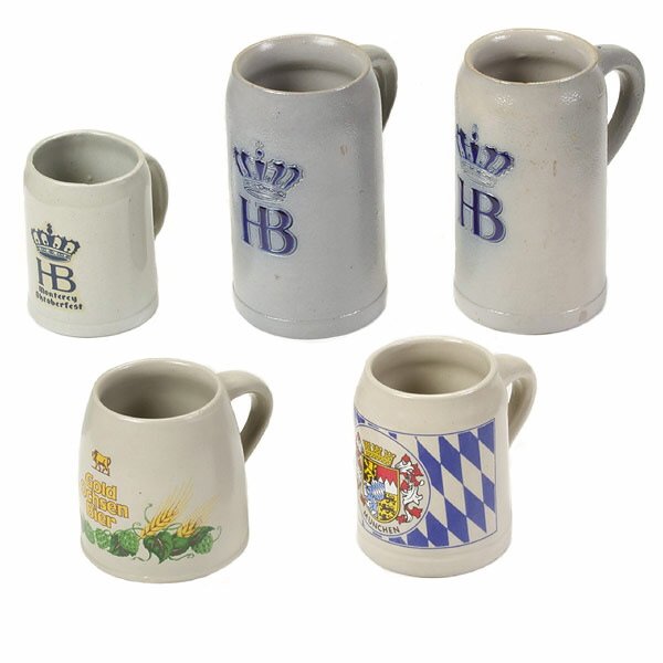 Grouping of Eight Brewery Mugs: Grouping of Eight Brewery Mugs: comprising a stoneware example with decalled bull and wheat vine swag and inscription "Gold Ochsen Bier"; a 0.5 L. stoneware mug centered with decalled Munchen coat arm