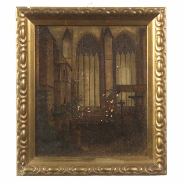 German School, c. 1860 Church Yard.: German School. 19th Century, c. 1860. Monk in a Cemetery Church Yard. Oil on Canvas. 17 x 14 1/2 Inches. Unsigned. Note: Munchen Canvas Makers stamp verso. In fair condition, craquelure throughout, a