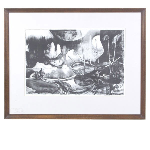 Millard Sheets, The Island, Lithograph.: Millard Owen Sheets. Californian 1907 - 1979. The Island. Lithograph printed on wove paper. 13 3/4 x 20 1/2 Inches (Image). Signed and dated l/r: Millard Sheets 1972. Titled and numbered l/l: The Isla