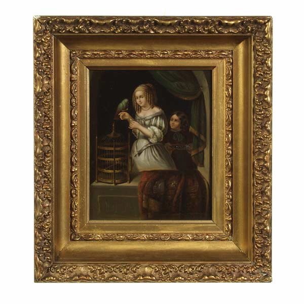 German School, 18th C. Children and Bir: German School. Early 18th Century. Children Feeding their Pet Bird. Oil on Copper. 10 x 8 3/4 Inches (25.4 x 22.22 cm). Bears initials l/l: M.D. In very good condition.