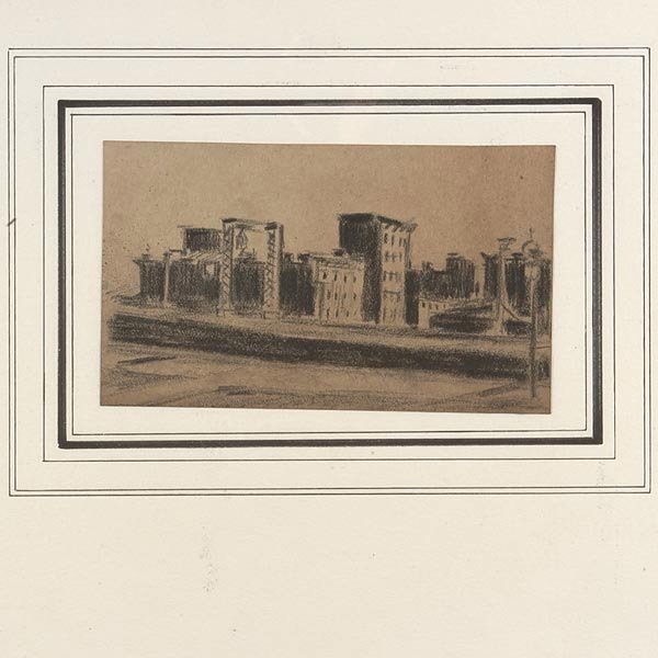 Style of Edward Hopper, City Street.: Style of Edward Hopper. American, 1882 - 1967. City Street. Circa 1940. Crayon and Pencil on toned Paper. 4 1/4 x 7 1/4 Inches. In good condition, Sheet is glued to back mat. Not examined out of the f