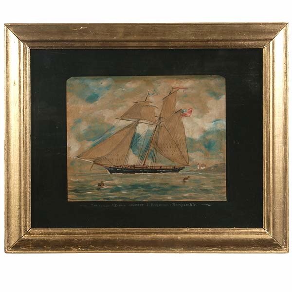 American, School, Schooner Xarifa.: American School. Schooner Xarifa, Master J. Anderson. Hampton Vir. Watercolor on Toned Paper. 10 x 11 1/2 Inches. Note: The Flag flying is a late 18th Century Style 13 Stars and Thirteen Stripes. In g