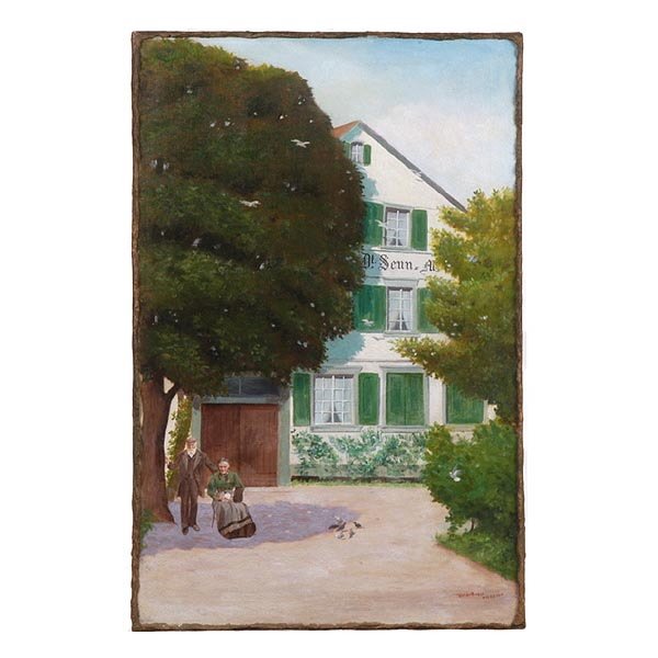 Victor Kress, German Couple, 1916.: Victor Kress. German School. An Elderly Couple in the Shade of a Tree outside an Inn. Oil on Canvas. 35 1/4 x 22 Inches. Signed l/r: Victor Kress, Dec. 25 1916. In good condition, light inpainting in