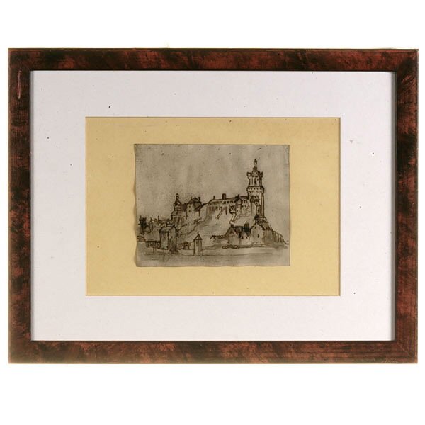 18th Century, German Castle Drawing.: German School. 18th Century. Castle on the Rhine. Pen and Ink Wash. In good to fair condition, surface is soiled. Paper tacked down to back mat. Not examined out of the frame.