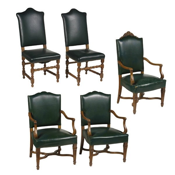 Five Leather Upholstered chairs: Assembled Group of Five Leather Upholstered Chairs Comprising Three Armchairs and Two Side Chairs, Second half 20th Century {Good condition, minor rubbing and wear.}