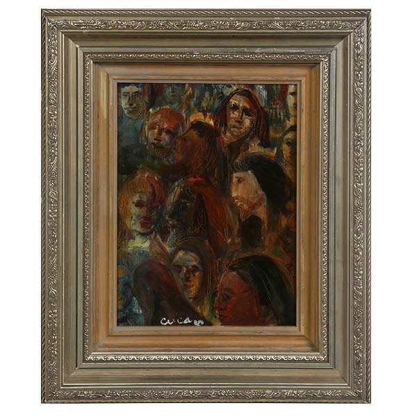 Cucaro, Oil Painting, Faces in a Crowd: Pascal Cucaro. born 1915. Faces in a Crowd. Oil on Canvas with a heavy varnish. 12 x 9 Inches. Signed l/c: Cucaro. In good condition.