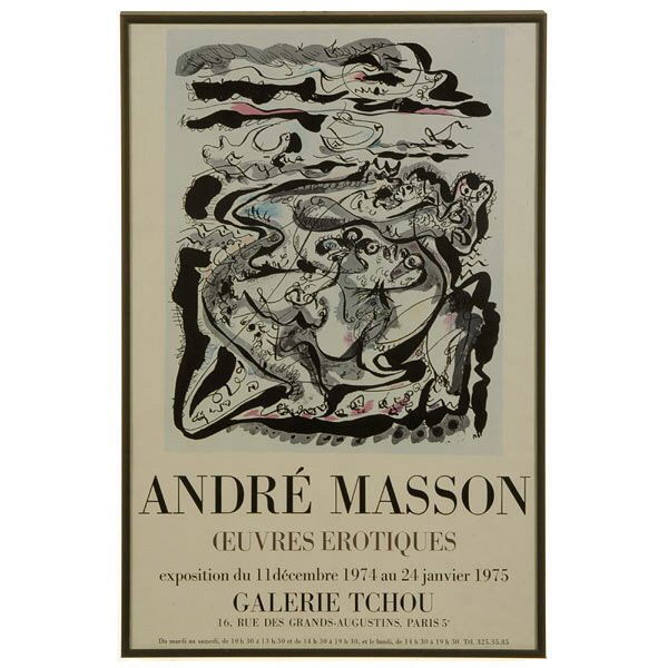 Andre Masson, Exhibition Poster, French Art.: Masson, André, Galerie Tchou, Paris Exhibition Poster. French 1896 - 1987. Oeuvres Erotiques. Off-Set Lithograph Printed in color on Paper. Sight: 22 x 14 1/4 Inches. In good condition, light time st