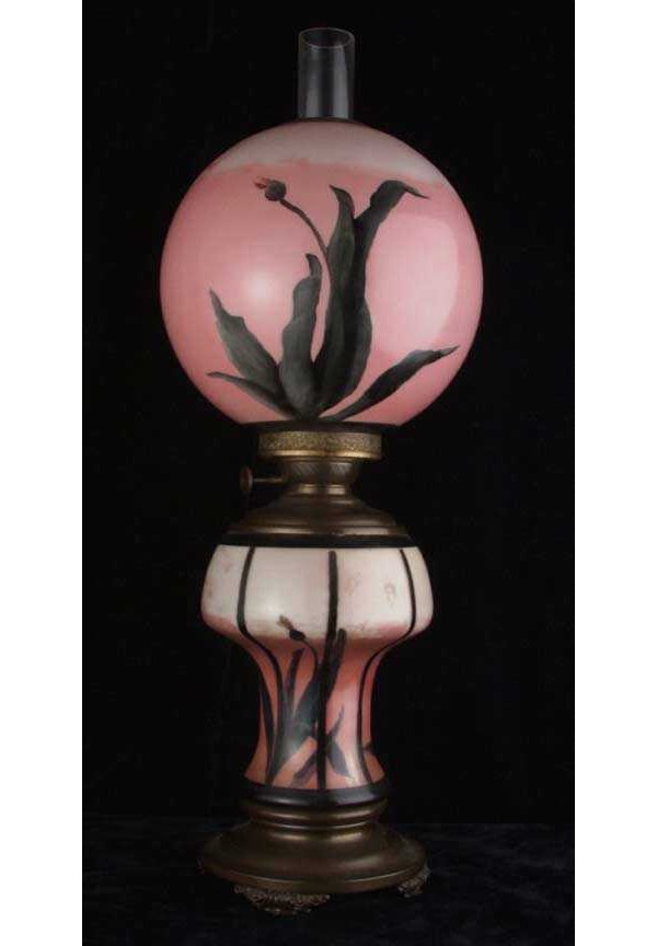 Gone With the Wind table lamp: Gone With the Wind table lamp; milk glass with painted pink and floral decorated shade and body; late 19th century; 12 inch shade