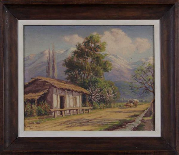 Alberto Lobos Landscape w/ Traveler in W: Alberto Lobos; American, 20th Century; Landscape with Traveler in Wagon; oil on canvas; 12 x 17 inches; signed lower left, dated 1940